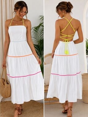 Aakaa White Open Back Maxi Dress 100% Cotton Size S.